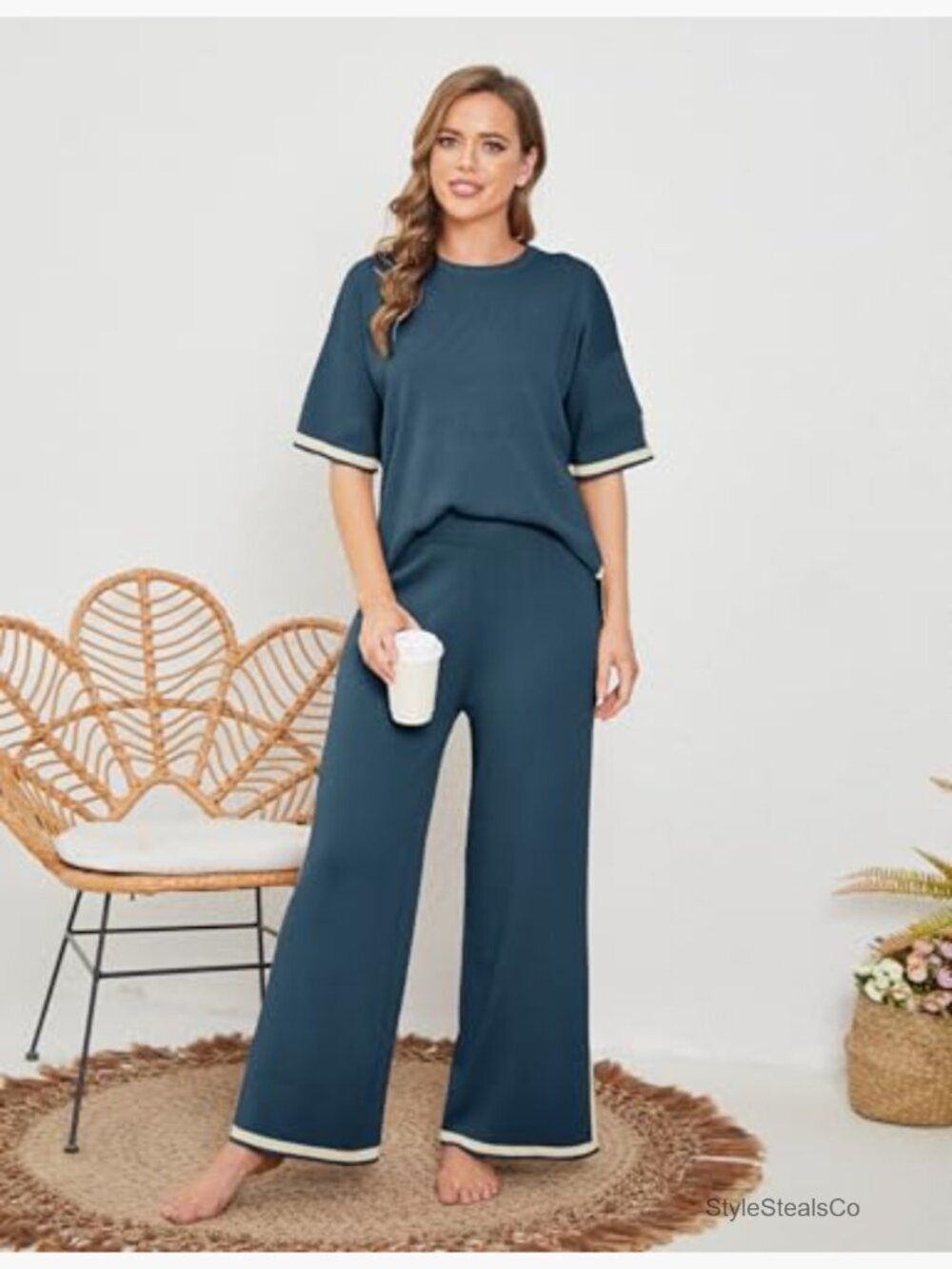 2 Piece Lounge Set Short Sleeve Knit Pullover Top & Wide Leg Pants - Picture 5 of 7